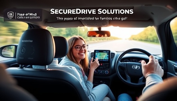 An image of a family driving in a car equipped with advanced safety features, including collision detection sensors, GPS tracking, and real-time monitoring displayed on a dashboard screen, conveying the peace of mind and protection offered by SecureDrive Solutions for families on the go.