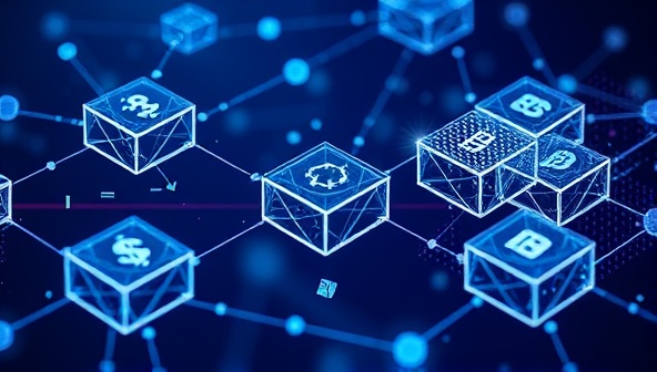 An abstract representation of interconnected blockchain blocks forming a digital marketplace where design assets and templates flow securely between buyers and sellers, symbolizing the transparent and decentralized nature of BlockWeb Designs.
