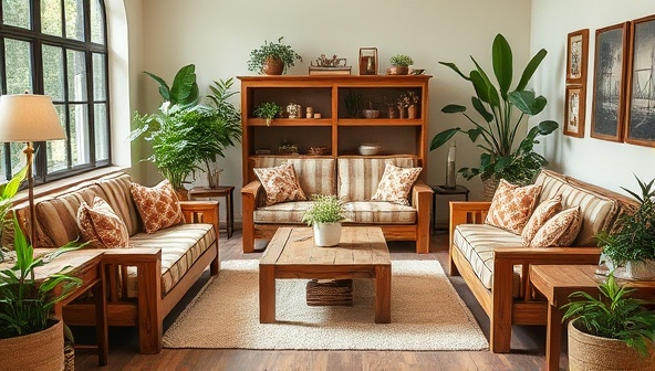 An inviting living room setting adorned with ReclaimHaven's upcycled wooden furniture, complemented by lush greenery and natural light, creating a cozy and sustainable ambiance that reflects the essence of ReclaimHaven's offerings.