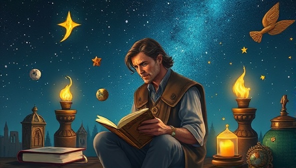 An image of a storyteller crafting a tale under a starlit sky, surrounded by enchanted objects and symbols that represent different storytelling themes and genres, evoking magic and creativity in narrative crafting.