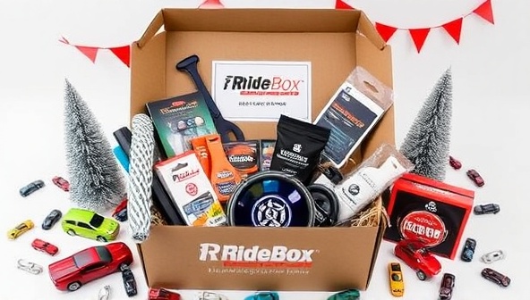 An enticing subscription box filled with a variety of automotive products, accessories, and gadgets, creatively arranged and surrounded by car-themed decorations and elements, reflecting the personalized and curated experience offered by the RideBox Subscription service.