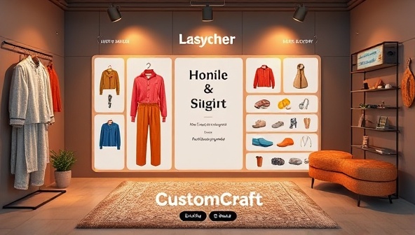 An interactive virtual customization studio featuring a range of products like clothing, accessories, and home decor items, with customizable elements and design options displayed on a digital interface, creating a personalized and immersive shopping experience on CustomCraft.