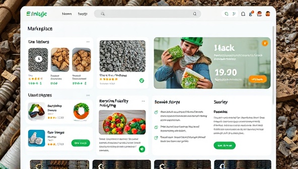 An online marketplace interface showcasing listings of waste materials available for recycling, recycling facility profiles, and success stories of waste recycling partnerships, emphasizing the environmental benefits and collaborative opportunities of the platform in promoting sustainable mining practices.