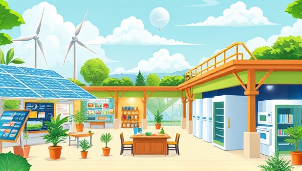 A digital illustration showing a vibrant marketplace where green energy products and services are displayed, with solar panels, wind turbines, and energy-efficient appliances showcased in a futuristic setting, symbolizing sustainability and innovation.