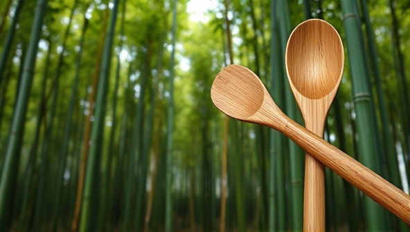 A serene bamboo forest setting with a close-up of a beautifully crafted bamboo kitchen utensil, emphasizing the natural, organic essence of the products.