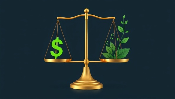 A visual representation of EcoBalance Financials, featuring a balance scale with financial symbols on one side and green eco-friendly icons on the other, symbolizing the integration of financial and sustainable practices for balanced corporate performance.