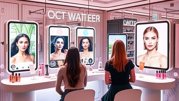 An innovative beauty bar setup featuring high-tech beauty mirrors, AR makeup stations, and interactive skincare analysis tools, with customers engaging in virtual try-on experiences, personalized beauty consultations, and digital beauty transformations, creating a futuristic and immersive beauty environment.