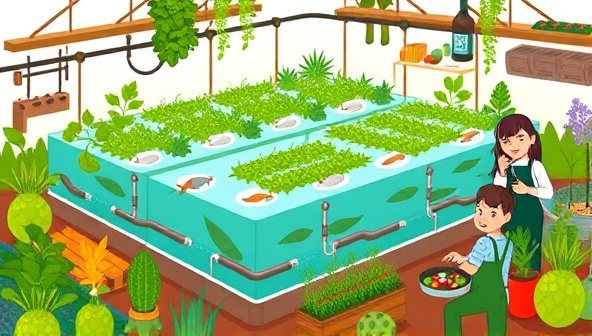 An illustration of a stylized aquaponics farming system with fish tanks connected to plant beds, showcasing the symbiotic relationship between aquaculture and hydroponics, surrounded by fresh produce and a diverse community of farmers, chefs, and educators, promoting sustainability and collaboration.