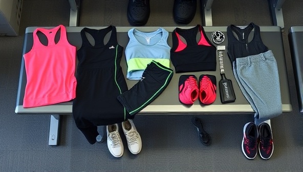 An array of stylish workout outfits, athletic shoes, and fitness accessories laid out on a sleek modern gym bench, reflecting a blend of functionality and fashion in activewear styling.