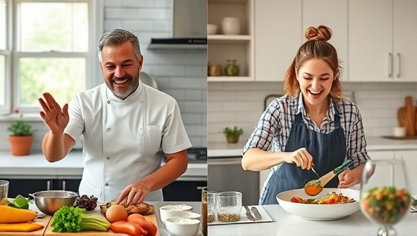 A split-screen image showing a chef teaching a virtual cooking class on one side and a participant joyfully preparing the dish in their kitchen on the other side, creating a dynamic and interactive culinary experience.