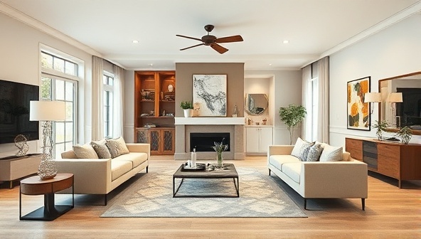 An inviting living room with virtual design elements superimposed, showcasing a seamless blend of colors, textures, and furniture arrangements to illustrate the transformative power of virtual interior design.