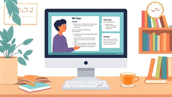 An illustration of a computer screen showing a writer interacting with an AI assistant, displaying a user-friendly interface with writing suggestions and prompts, surrounded by a creative workspace with books and a cup of tea.