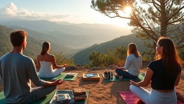 A serene and peaceful digital detox retreat setting, with individuals engaged in mindfulness practices, surrounded by nature and disconnected from devices, embodying the essence of digital wellness and balance.