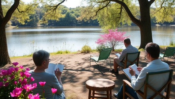 A tranquil retreat setting with writers immersed in their notebooks under the shade of trees, surrounded by blooming flowers and a serene lake, capturing the essence of peaceful creativity and mindful writing at the ZenWrite Haven retreat.