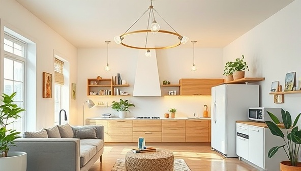 An aesthetically pleasing home interior showcasing various smart devices controlled through a centralized system, with energy-efficient lighting, smart thermostats, and automated appliances creating a modern and eco-friendly living space, symbolizing comfort and sustainability.