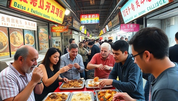 An engaging food tour scene with a group of participants savoring exotic dishes at a bustling street food market, surrounded by colorful stalls, vibrant signage, and enthusiastic guides sharing culinary anecdotes and cultural insights, capturing the essence of FlavorFusion Tours.