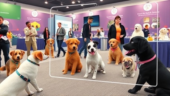An augmented reality visualization of a virtual pet adoption event, showcasing various adorable pets in AR form interacting with users, displaying their playful behaviors and unique personalities in a virtual environment, fostering emotional connections and facilitating pet adoptions through innovative technology and interactive experiences.