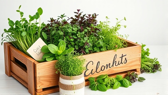 A vibrant assortment of fresh microgreens elegantly arranged in a rustic wooden crate, accompanied by recipe cards and a personalized note, evoking freshness and culinary inspiration for subscribers.