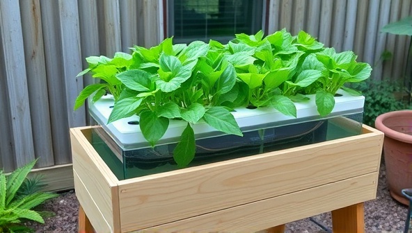 An inviting backyard setup featuring a DIY aquaponics kit in action, with lush green plants growing above a fish tank, showcasing the harmonious relationship between aquaculture and hydroponics in a compact and sustainable setup.