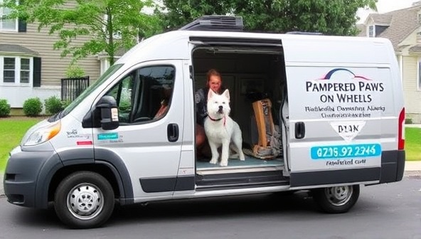 A modern and well-equipped mobile pet grooming van parked in a residential neighborhood, with a friendly groomer attending to a happy, freshly groomed dog inside the vehicle, showcasing the convenience and personalized care offered by Pampered Paws on Wheels.