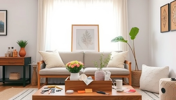 A cozy and well-lit living room setup with a beautifully crafted DIY home decor piece prominently displayed, surrounded by crafting tools, materials, and the Craft Haven Box subscription kit, inspiring creativity and personalized home styling.