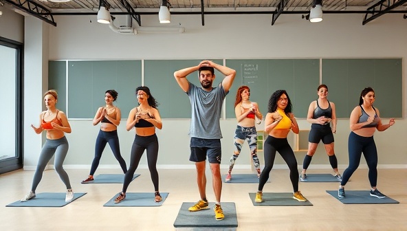 An energetic virtual fitness class with diverse avatars performing different workout routines, motivating each other, and following the guidance of a virtual trainer, illustrating the dynamic and inclusive nature of the online fitness platform.