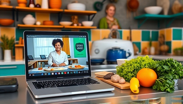 A colorful kitchen setting with a laptop showing a live cooking class, ingredients neatly arranged, and a chef engaging with virtual participants, creating a vibrant and interactive culinary experience.