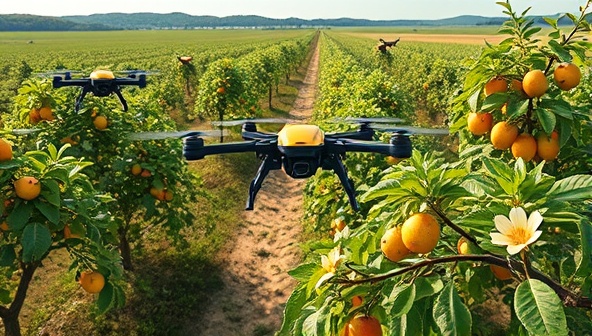 A futuristic farm landscape with robotic pollination drones buzzing around fruit trees, pollinating flowers with precision and efficiency, showcasing the innovative technology in action.