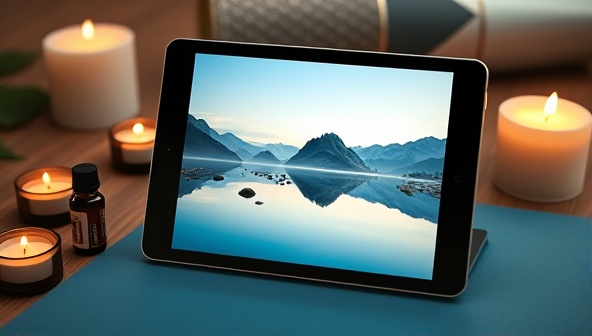 A tablet displaying a serene virtual meditation session with calming nature visuals, surrounded by candles, essential oils, and a yoga mat, creating a peaceful and mindful atmosphere for online wellness retreats and relaxation experiences.