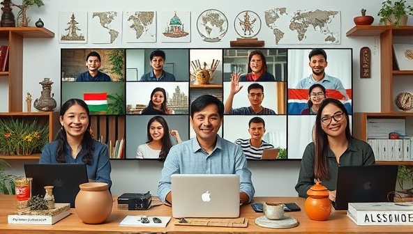 An engaging virtual language exchange setup featuring a diverse group of participants engaging in language tandem sessions via video calls, cultural artifacts in the background, and digital language learning resources, fostering an interactive and immersive language learning experience for subscribers.