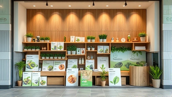 An array of eco-friendly marketing materials displayed in a modern, minimalist storefront, featuring natural textures and green elements to convey a sense of sustainability and environmental consciousness.