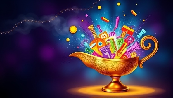 An image of a magical genie lamp releasing a burst of colorful writing prompts and ideas, symbolizing the creative inspiration and unlimited possibilities offered by the personalized writing prompt subscription service.