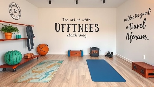 A virtual fitness studio with travel-themed workout equipment, exercise mats, and inspirational travel quotes on the walls, setting the scene for remote fitness coaching and adventure-inspired workouts.