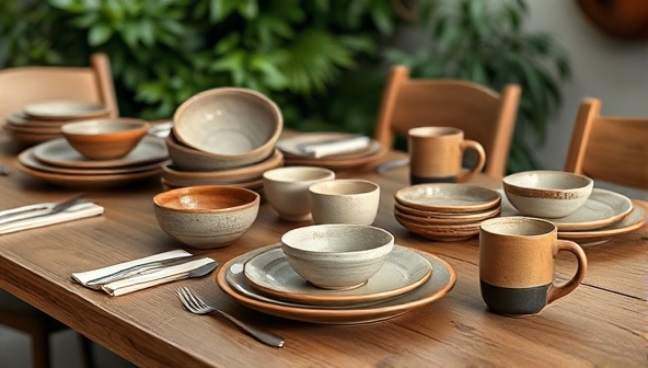 A beautifully set table featuring a collection of artisanal ceramic plates, bowls, and mugs in a rustic-chic dining setting, showcasing the handmade textures and glazes of the tableware against a backdrop of fresh greenery, evoking a sense of artisanal craftsmanship and culinary artistry.