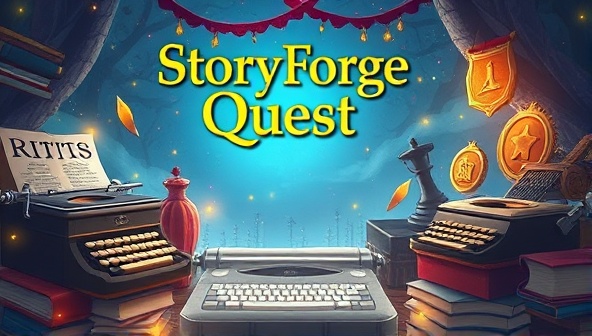 An imaginative visualization of StoryForge Quest as a magical writing realm with floating typewriters, mystical writing prompts, and shimmering achievement badges, inviting users to embark on a creative adventure and craft captivating stories in a playful and immersive environment.