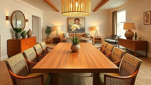 An elegant bamboo dining table set in a beautifully designed sustainable living room, accentuated by bamboo lighting fixtures and decorative elements, creating a harmonious blend of sophistication and eco-consciousness.