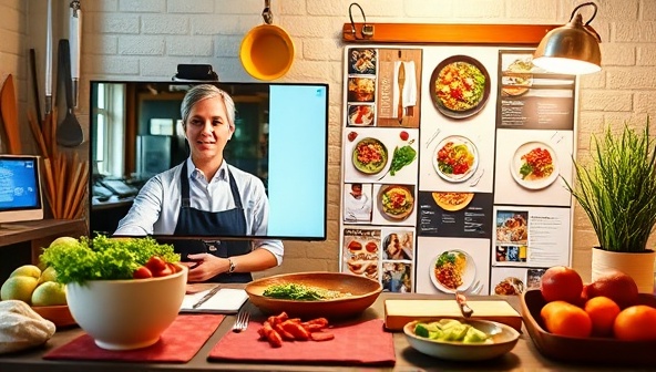 An engaging virtual food consultation session depicting a consultant providing advice on menu planning to a restaurant owner via a video call, surrounded by culinary tools, fresh ingredients, and a mood board of food concepts, conveying professionalism and creativity in culinary consulting services.
