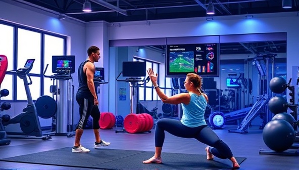 A dynamic digital artwork featuring a virtual personal training session, with a coach guiding a client through exercises and providing real-time feedback, surrounded by fitness equipment and motivational visuals, showcasing the interactive and personalized nature of the training platform.