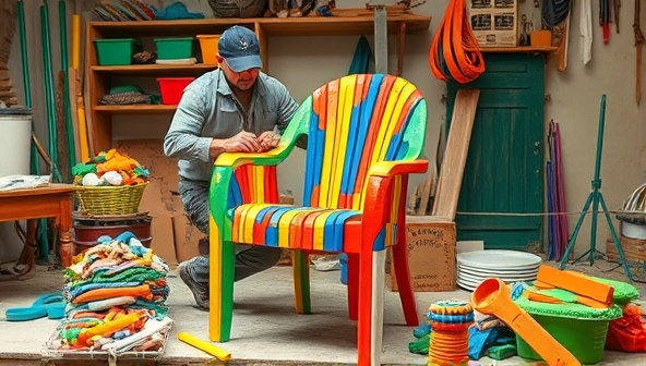 A workshop scene featuring an artisan crafting a vibrant chair from recycled plastic materials, surrounded by colorful plastic scraps and eco-friendly tools, conveying the essence of sustainability and creativity in upcycling.