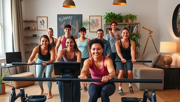 An image of a diverse group of people smiling and working out at home with rented fitness equipment, showcasing a variety of equipment setups in a modern and cozy living space, emphasizing convenience and accessibility.