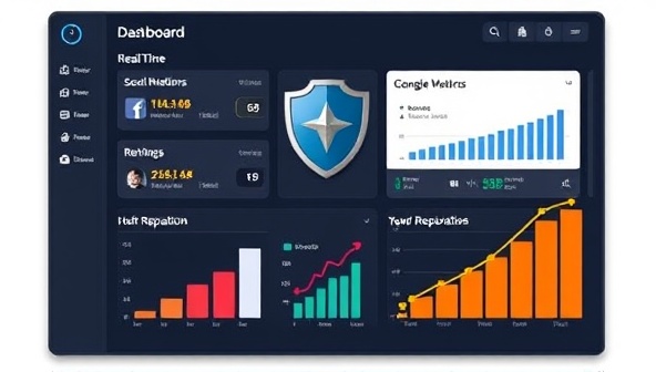 A digital dashboard displaying real-time social media mentions, review ratings, and reputation metrics, with a shield symbolizing protection and a rising graph indicating enhanced online reputation, illustrating the proactive nature of online reputation management services.