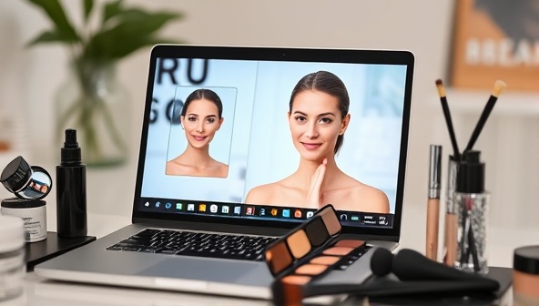 A laptop screen showing a virtual beauty consultation in progress, with skincare products and makeup brushes displayed neatly on a desk, creating a modern and personalized beauty experience.
