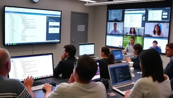 An online workshop setting with a diverse group of participants engaging in a hands-on web design activity, with screens displaying coding interfaces and design tools, representing the interactive and educational experience offered by WebWiz Workshops.