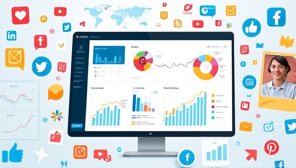A dynamic visual representation of a digital dashboard displaying real-time social media metrics and trend analysis graphs, surrounded by social media icons and trending topics, illustrating the comprehensive and insightful nature of TrendSense's platform.