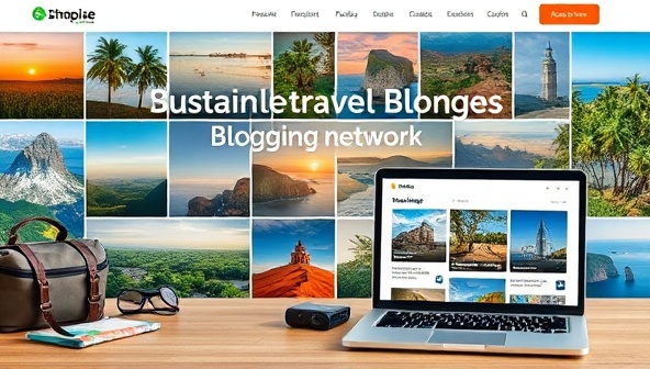 A sustainable travel blogging network homepage featuring a collage of eco-friendly travel destinations, green travel tips, and ethical travel guides, accompanied by vibrant nature photos, reusable travel accessories, and a laptop displaying eco-travel blog posts, promoting sustainable tourism and responsible travel practices.