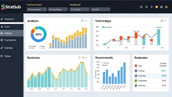 An elegant and professional digital dashboard displaying marketing strategy metrics, trend analysis graphs, and personalized recommendations for businesses, symbolizing the data-driven and expert guidance offered by the subscription-based marketing strategy consultancy, StratSub.
