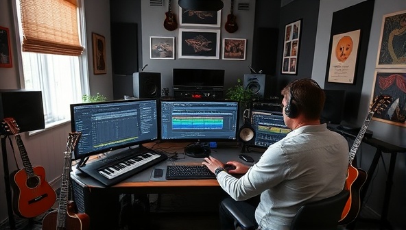 A virtual music production workshop setup featuring a professional instructor demonstrating music software techniques on a digital audio workstation, surrounded by musical instruments, studio equipment, and a creative workspace ambiance, inspiring participants to unleash their musical potential.