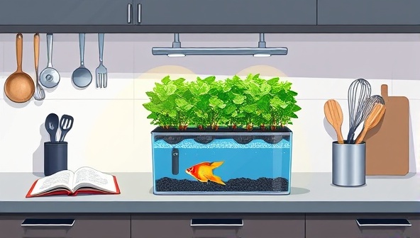 An artistic illustration of a modern kitchen counter featuring a stylish aquaponic setup with a small fish tank below a bed of thriving leafy greens, surrounded by kitchen utensils and a recipe book, portraying a harmonious blend of culinary art and sustainable agriculture.