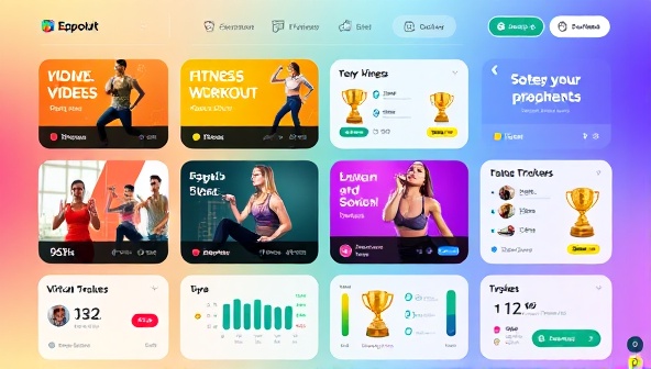 A vibrant and dynamic digital interface showcasing various fitness challenges, workout videos, progress trackers, and virtual trophies, inspiring a sense of achievement and community.