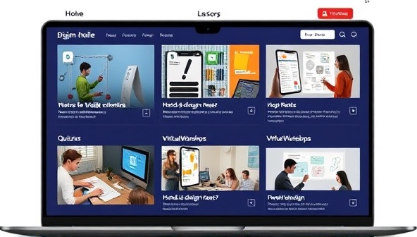 An interactive online learning interface showcasing design tutorials, quizzes, and virtual workshops, with users engaging in hands-on design activities and interactive lessons, illustrating the dynamic and engaging nature of the platform.